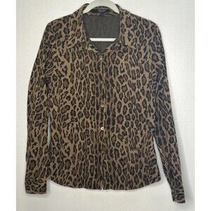 KAREN KANE Leopard Top Large Button Up Flannel Long Sleeve Brown Black Cozy